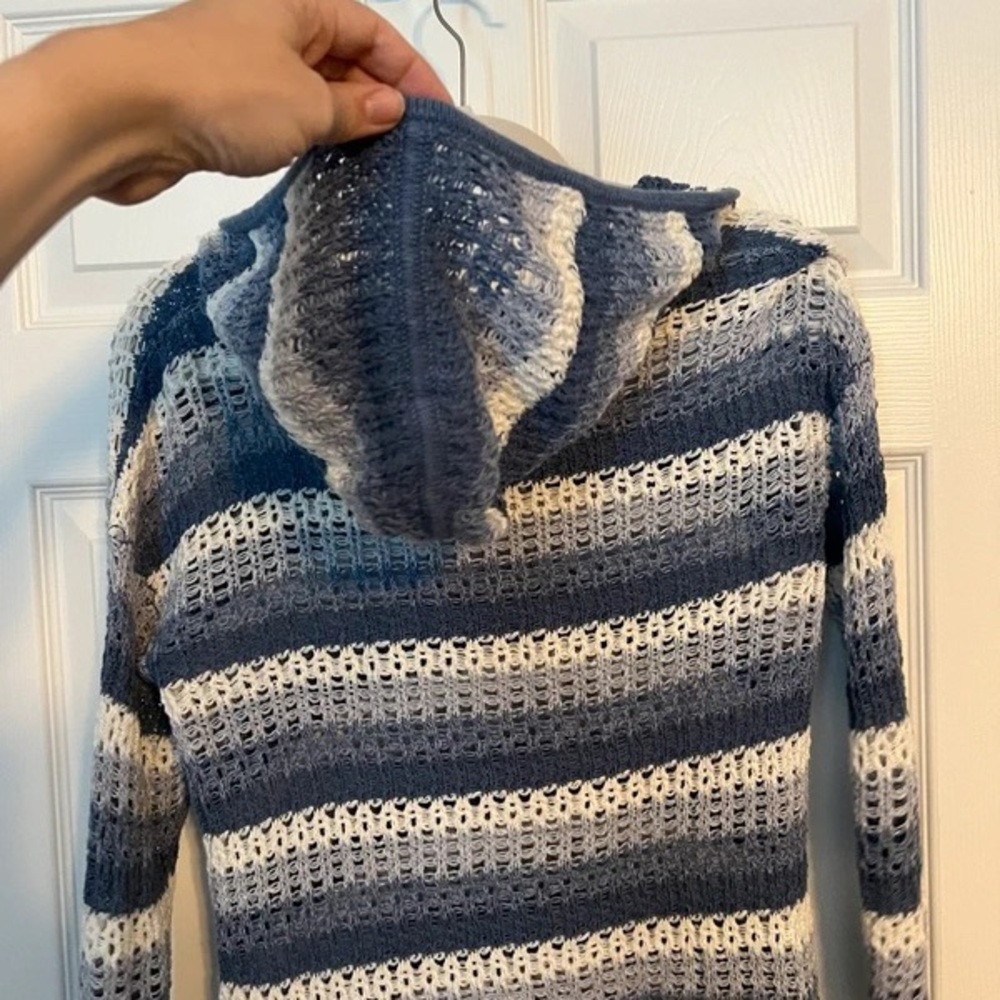 Tommy Bahama Blue & White Striped Open-Knit V-Neck Hoodie Sweater - Picture 3 of 5